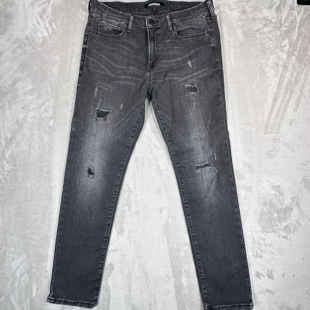 Express Skinny Jeans Womens 34x30 Black Denim Cotton Stretch Whiskers Distressed
